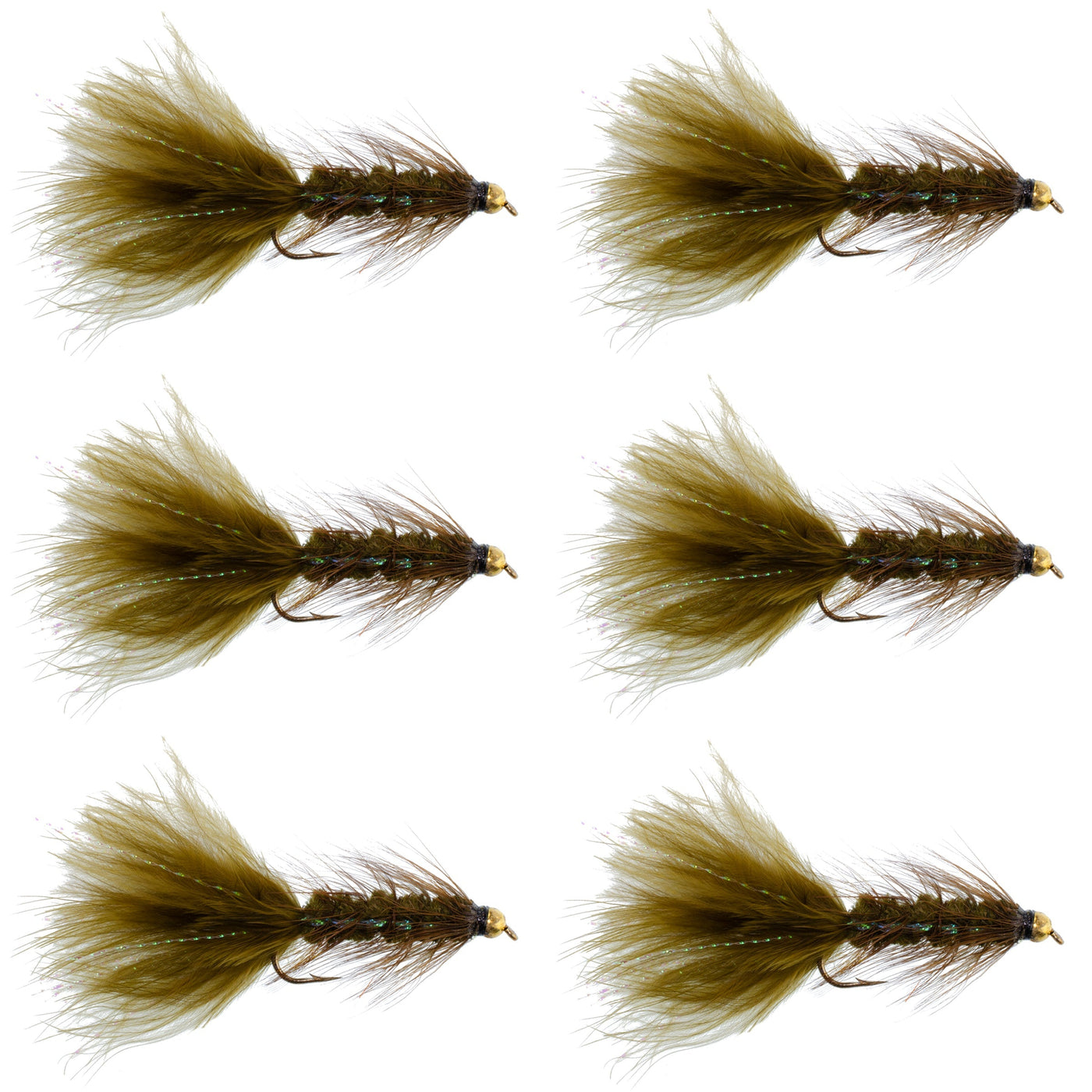 Dark Olive Bead Head Crystal Woolly Bugger Classic Streamer Flies - Set of 6 Trout Fly Fishing Flies - Hook Size 4