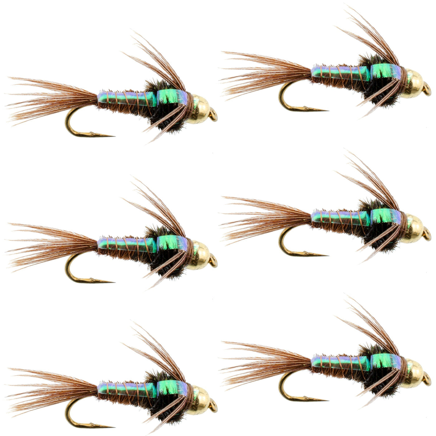 Bead Head Flash Back Pheasant Tail Nymph Fly Fishing Flies - 6 Flies Hook Size 16