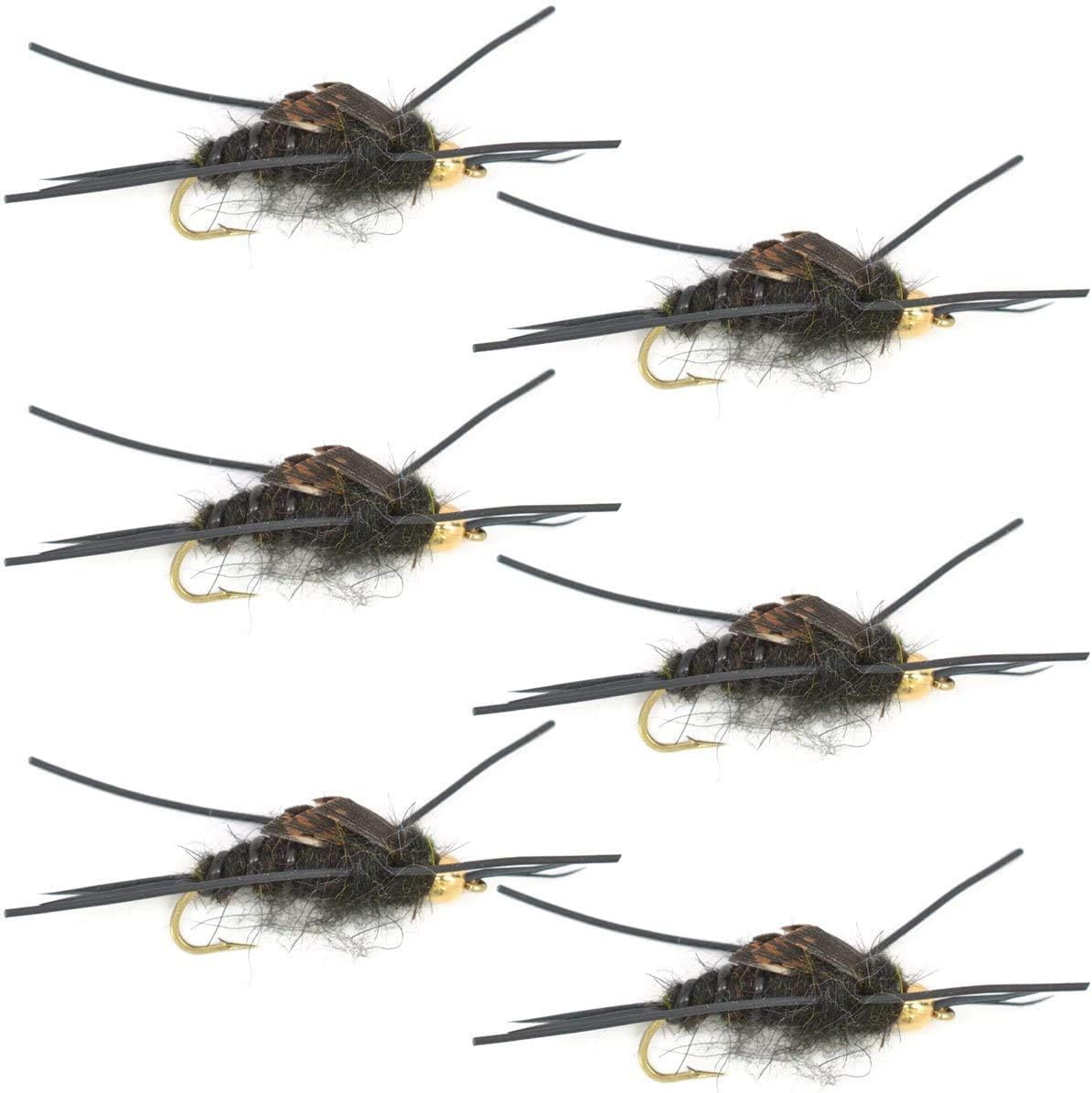 Gold Bead Kaufmann's Black Stone Fly with Rubber Legs - Stonefly Wet Fly - 6 Flies Hook Size 6