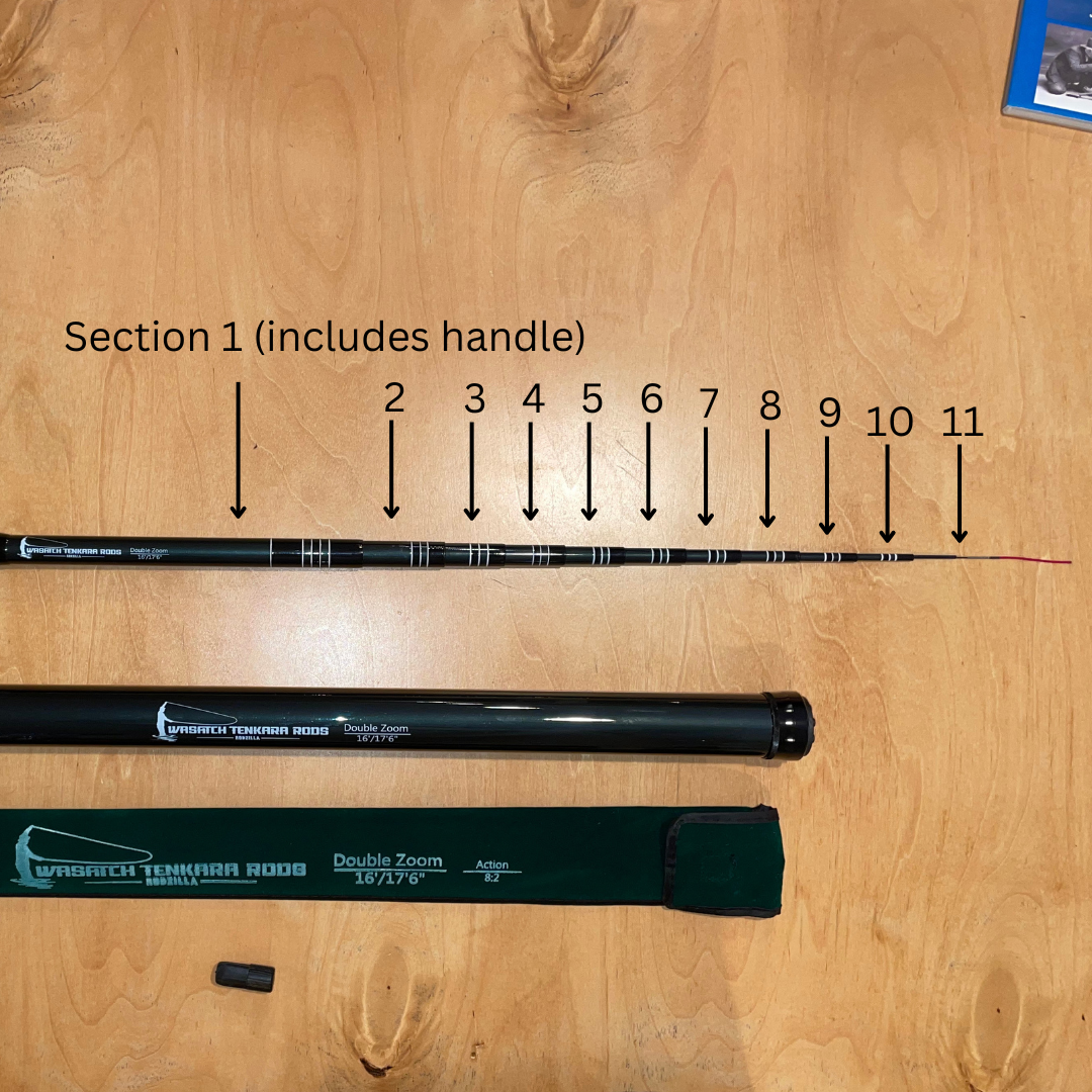 This picture shows all of the replacement parts for the Wasatch Tenkara Rods, RodZilla.